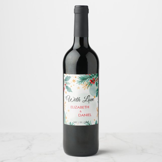 Watercolor Christmas Wedding Wine Labels – Festive (Front)
