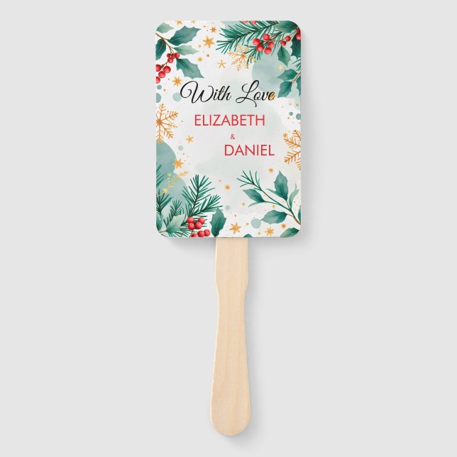 Watercolor Christmas Wedding with Holly  Hand Fan (Front)