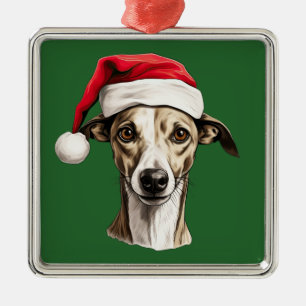 Watercolor Christmas Whippet Metal Tree Decoration
