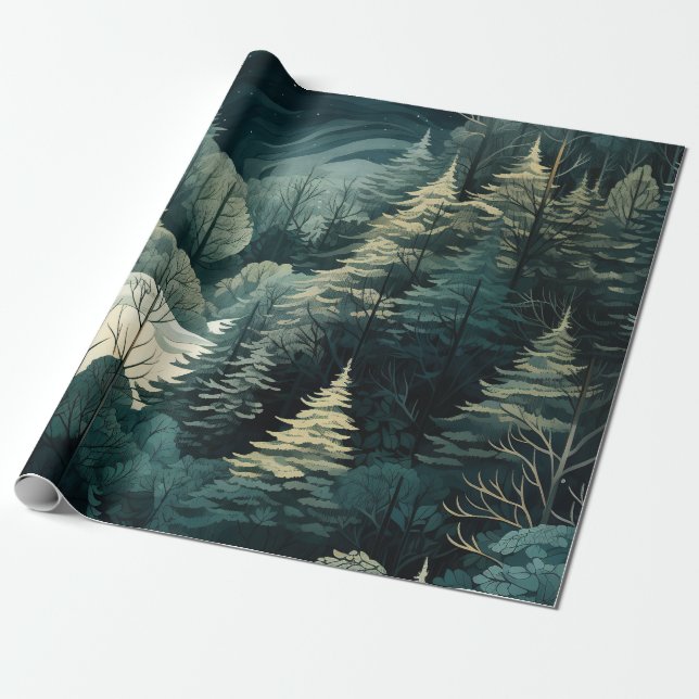 Watercolor Christmas Winter Forest Wrapping Paper (Unrolled)