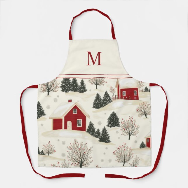 Watercolor Christmas Winter Monogrammed  Apron (Front)