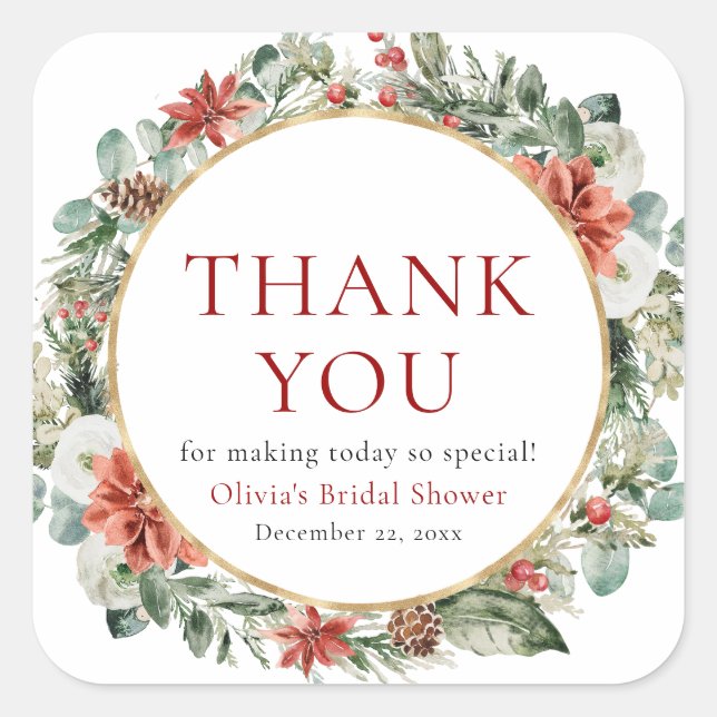 Watercolor Christmas Winter Red Gold Bridal Shower Square Sticker (Front)