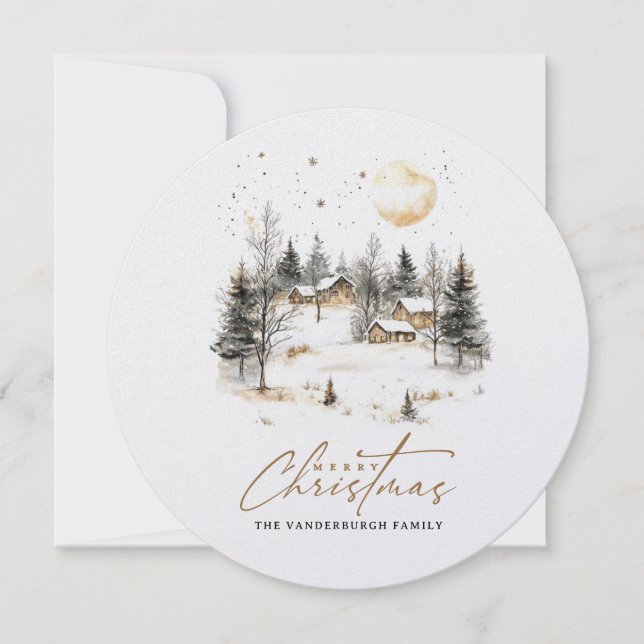 Watercolor Christmas Winter Village Photo Holiday Card (Front)