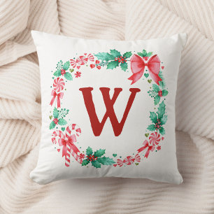 Watercolor Christmas Winter Wreath Monogram  Cushion