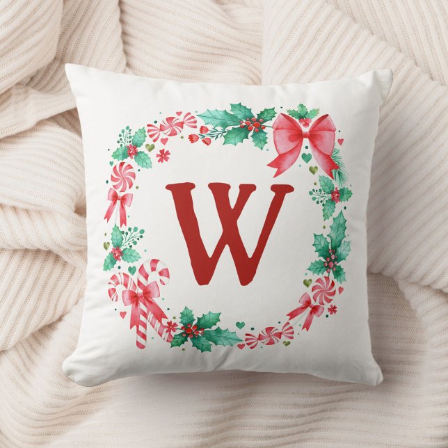 Watercolor Christmas Winter Wreath Monogram  Cushion (Watercolor Christmas Winter Wreath Monogram Throw Pillow)