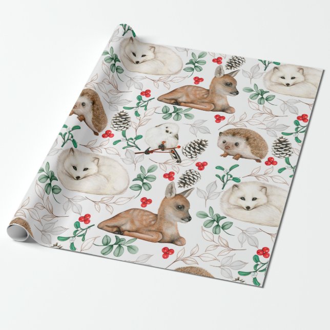 Watercolor Christmas Woodland Animals, Pinecones   Wrapping Paper (Unrolled)