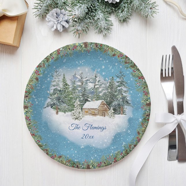 Watercolor Christmas Woodland Winter Personalised Paper Plate (Creator Uploaded)