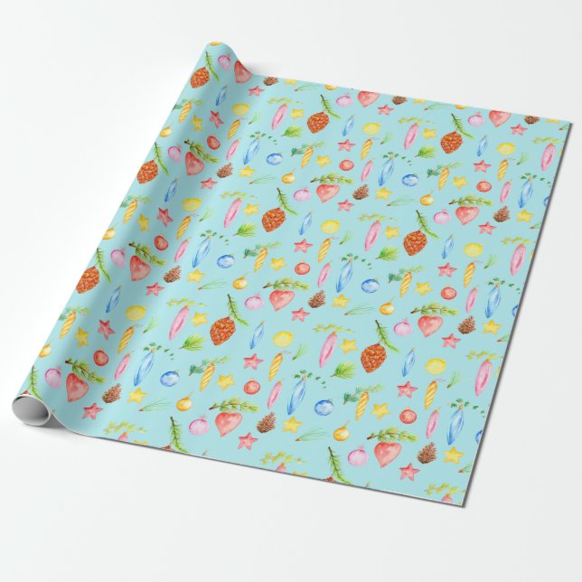 Watercolor Christmas Wrapping Paper Turquoise (Unrolled)