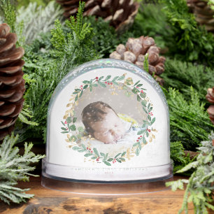 Watercolor Christmas Wreath Baby First Christmas Snowglobe