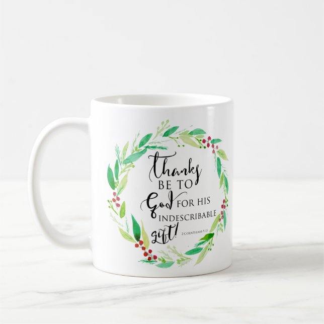 Watercolor Christmas Wreath Bible Verse Lettering Coffee Mug (Left)