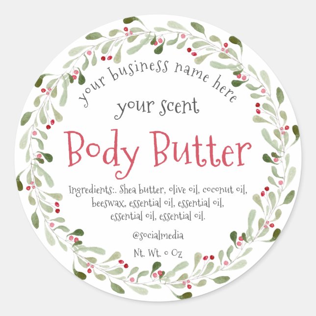 watercolor christmas wreath body butter classic round sticker (Front)