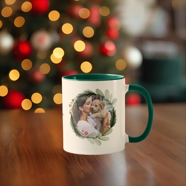 Watercolor Christmas Wreath Calligraphy Dog Photo Mug (Creator Uploaded)