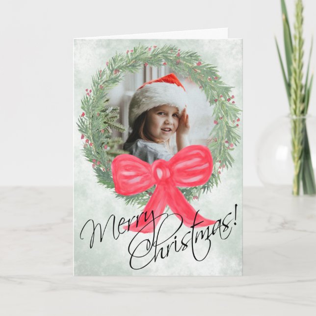 Watercolor Christmas Wreath Cute Photo Frame Holiday Card (Front)