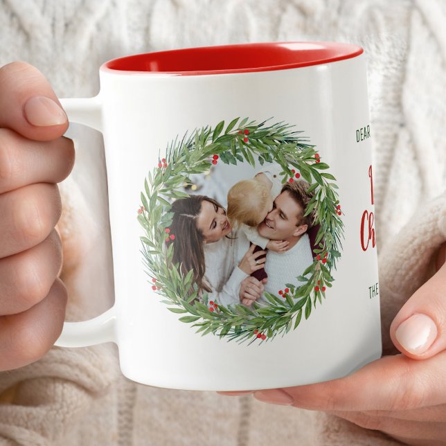 Watercolor Christmas Wreath Family Photo Two-Tone Coffee Mug (A personalized mug filled with holiday warmth, family love, and a touch of Christmas magic.)