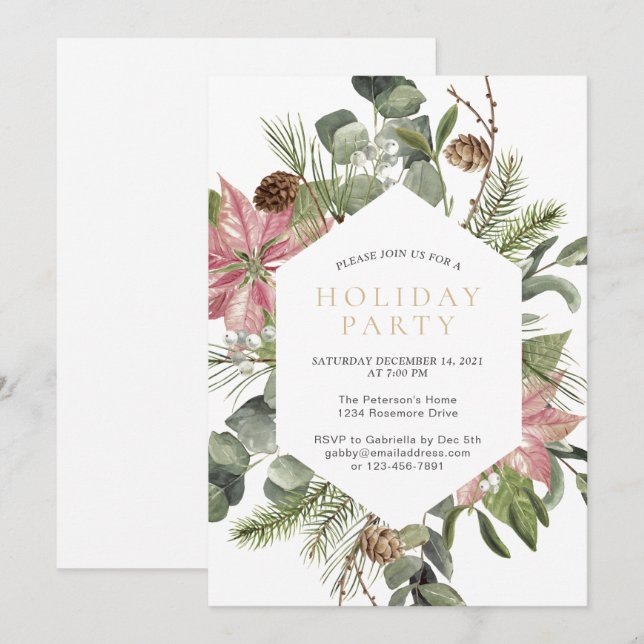 Watercolor Christmas Wreath Gold Holiday Party  Invitation (Front/Back)