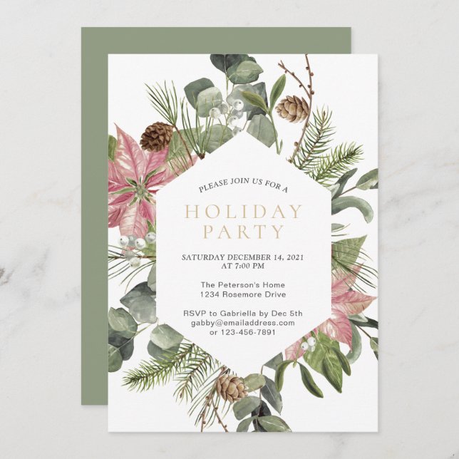 Watercolor Christmas Wreath Gold Holiday Party  Invitation (Front/Back)