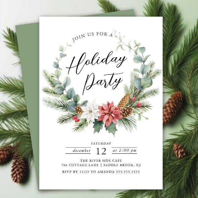 Watercolor Christmas Wreath Holiday Party Invitation (Creator Uploaded)