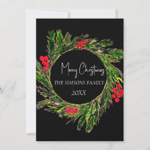 Watercolor Christmas Wreath Merry and Bright Holiday Card