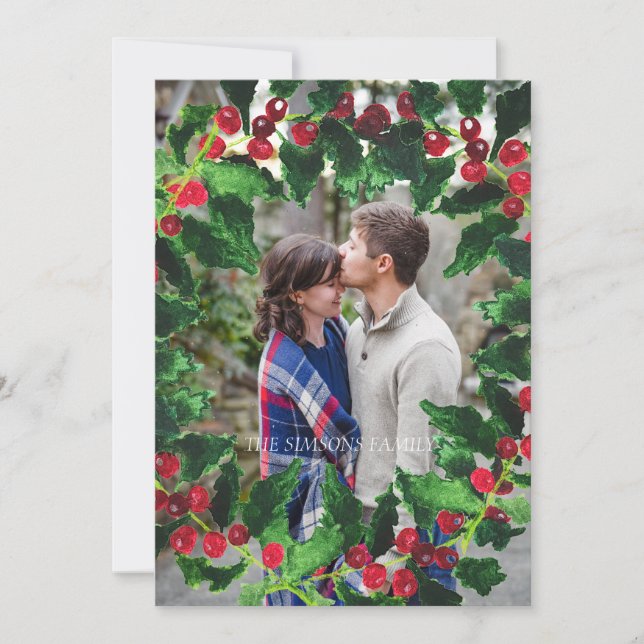Watercolor Christmas Wreath Merry and Bright Photo Holiday Card (Front)
