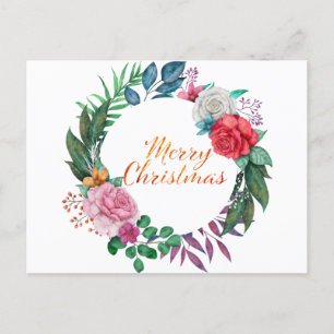Watercolor Christmas Wreath Merry Christmas Postcard