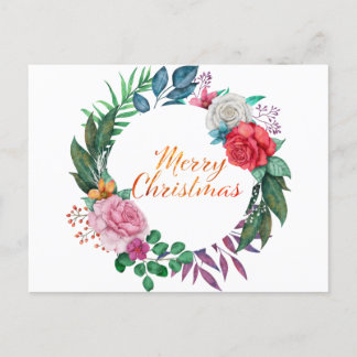 Watercolor Christmas Wreath Merry Christmas Postcard