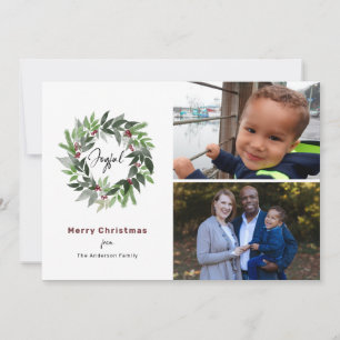 Watercolor Christmas Wreath Minimal 2 Photos Holiday Card
