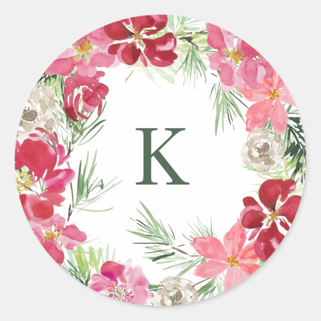 Watercolor Christmas Wreath Monogram Initial Classic Round Sticker (Front)