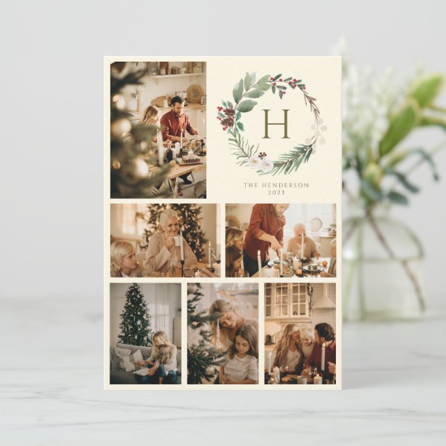 Watercolor Christmas Wreath Monogram Photo Collage Holiday Card (Standing Front)