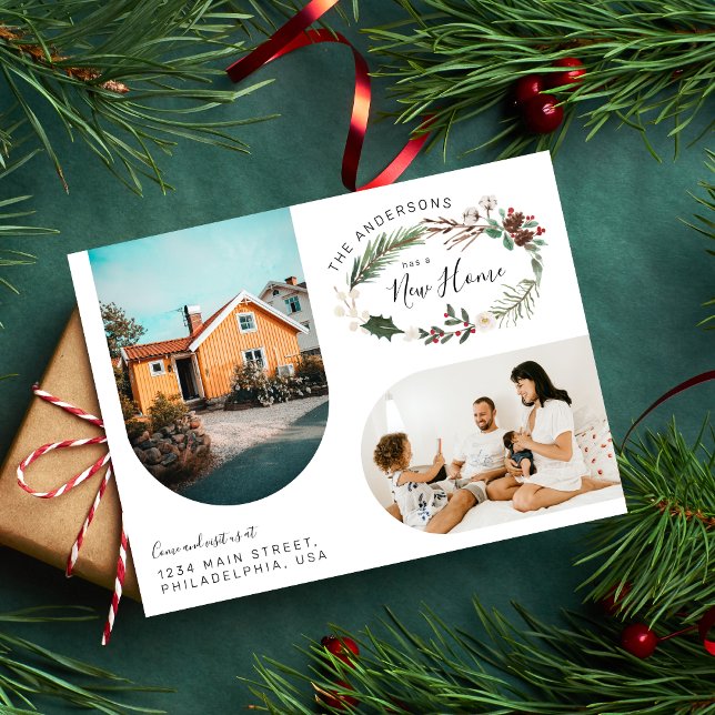 Watercolor Christmas Wreath New Home Family Photo Announcement Postcard (Creator Uploaded)
