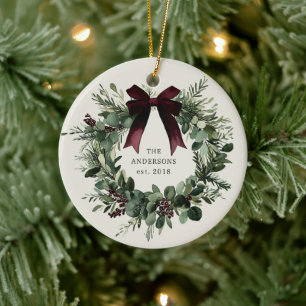 Watercolor Christmas Wreath Personalised Name Ceramic Tree Decoration