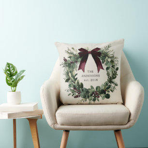 Watercolor Christmas Wreath Personalised Name Cushion