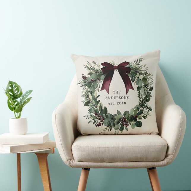 Watercolor Christmas Wreath Personalised Name Cushion (Chair)