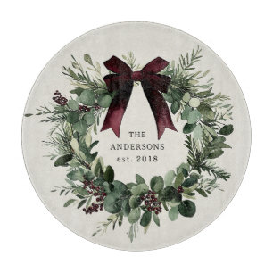 Watercolor Christmas Wreath Personalised Name Cutting Board