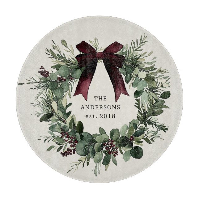 Watercolor Christmas Wreath Personalised Name Cutting Board (Front)