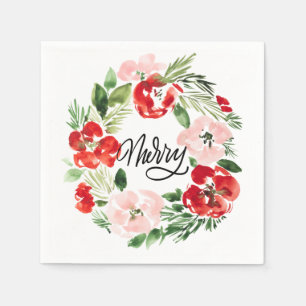 Watercolor Christmas wreath Pink Red and Green  Napkin