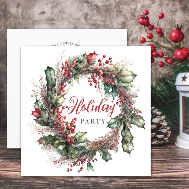 Watercolor Christmas wreath red green floral Invitation (Watercolor Christmas wreath red green floral Invitation)