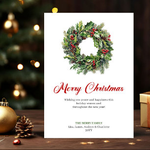 Watercolor Christmas Wreath Red Green Greeting  Holiday Card