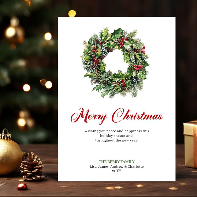 Watercolor Christmas Wreath Red Green Greeting  Holiday Card (Watercolor Christmas Wreath Red Green Greeting Card)