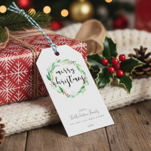 Watercolor Christmas Wreath Red Green Lettering Gift Tags