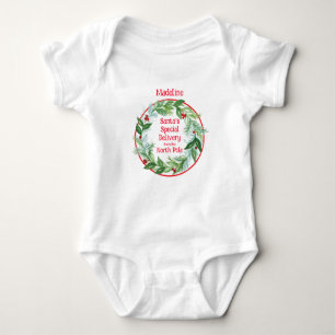 Watercolor Christmas Wreath Santa North Pole Baby Bodysuit