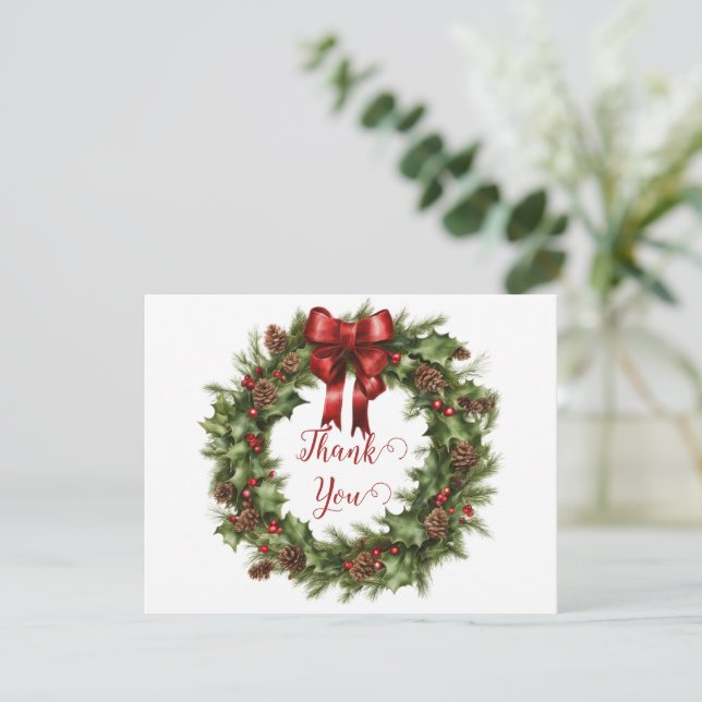 Watercolor Christmas Wreath Thank You Holiday Card (Standing Front)