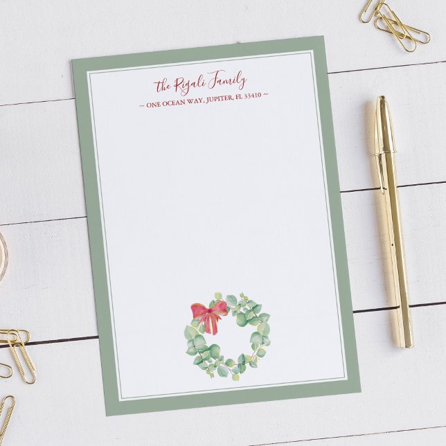 Watercolor Christmas Wreath Thank You Note Card (Watercolor Christmas note card features hand drawn and painted wreath art by Victoria Grigaliunas)