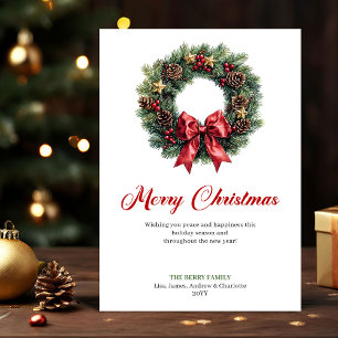 Watercolor Christmas Wreath Traditional Greeting Holiday Card