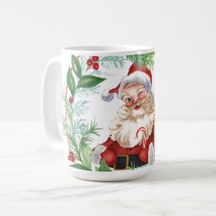 Watercolor Christmas Wreath Vintage Santa  Coffee Mug
