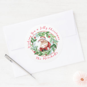 Watercolor Christmas Wreath Vintage Santa NAME Classic Round Sticker