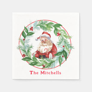 Watercolor Christmas Wreath Vintage Santa  Napkin