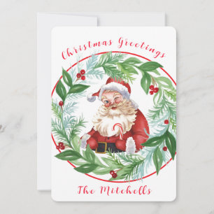 Watercolor Christmas Wreath Vintage Santa PHOTO Holiday Card