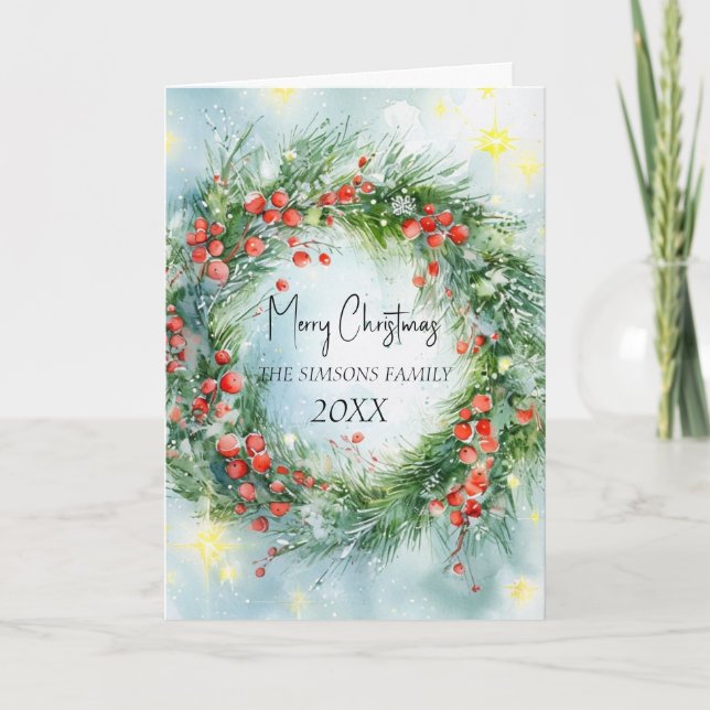 Watercolor Christmas Wreath Winter Greenery Holiday Card (Front)