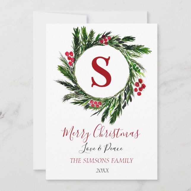 Watercolor Christmas Wreath Winter Greenery Holiday Card (Front)