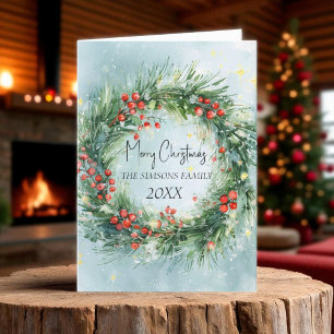 Watercolor Christmas Wreath Winter Greenery Holiday Card